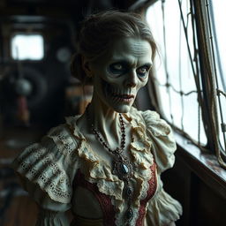 A Victorian woman zombie inside a ship, dressed in tattered yet elegant 19th-century clothing, featuring intricate lacework and period detailing