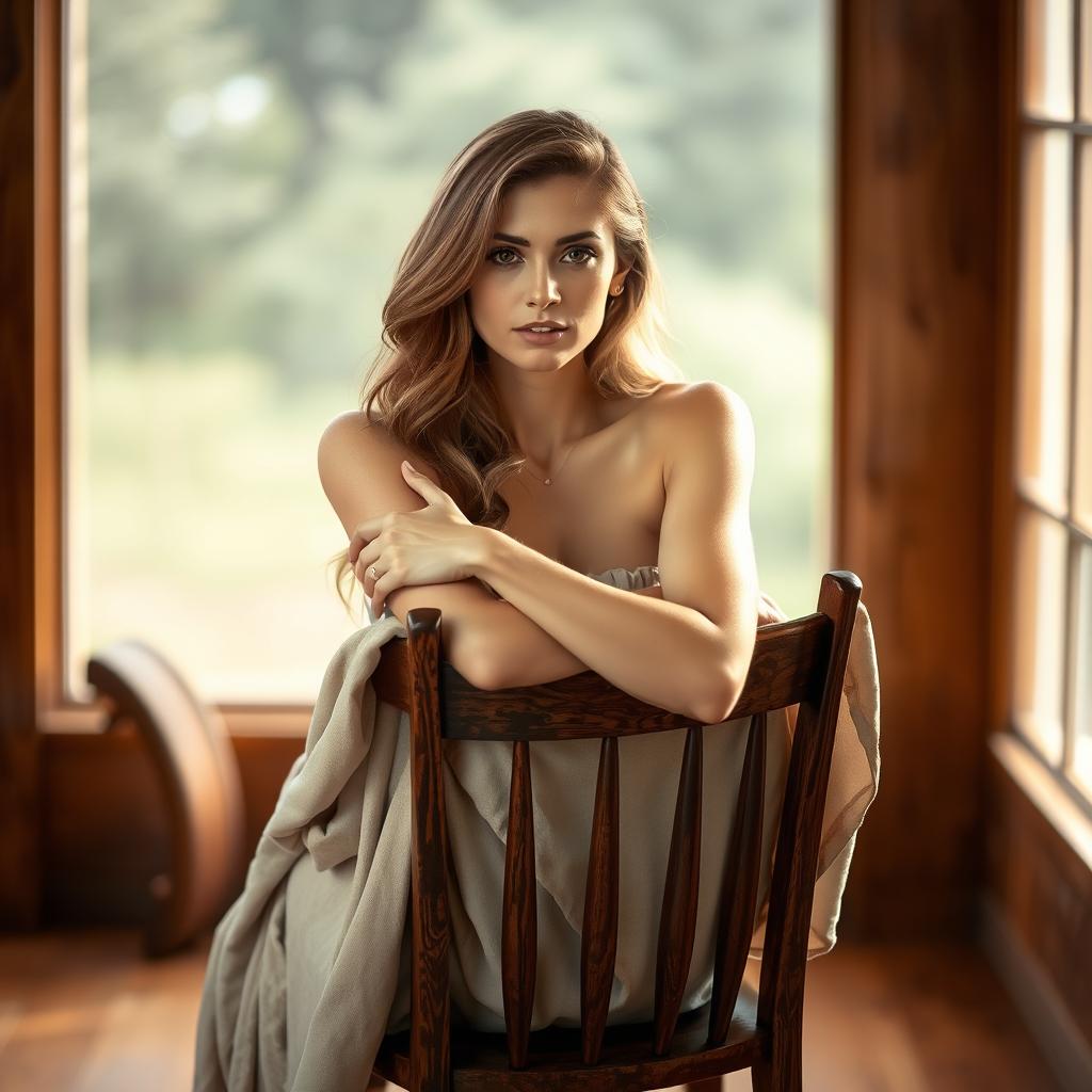 A beautiful woman sitting gracefully on a wooden chair, tastefully covered with a soft fabric or blanket, creating an artistic and elegant atmosphere