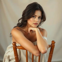 A beautiful woman sitting gracefully on a wooden chair, tastefully covered with a soft fabric or blanket, creating an artistic and elegant atmosphere