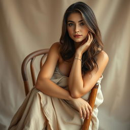 A beautiful woman sitting gracefully on a wooden chair, tastefully covered with a soft fabric or blanket, creating an artistic and elegant atmosphere