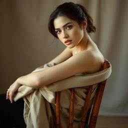 A beautiful woman sitting gracefully on a wooden chair, tastefully covered with a soft fabric or blanket, creating an artistic and elegant atmosphere