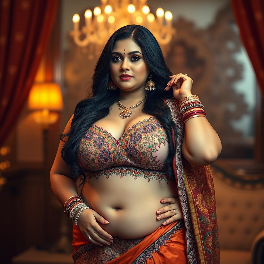 A thick Indian woman confidently posing in traditional Indian lingerie