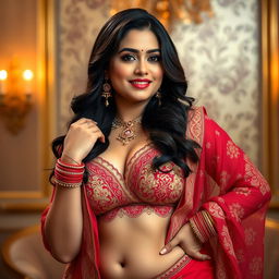 A thick Indian woman confidently posing in traditional Indian lingerie