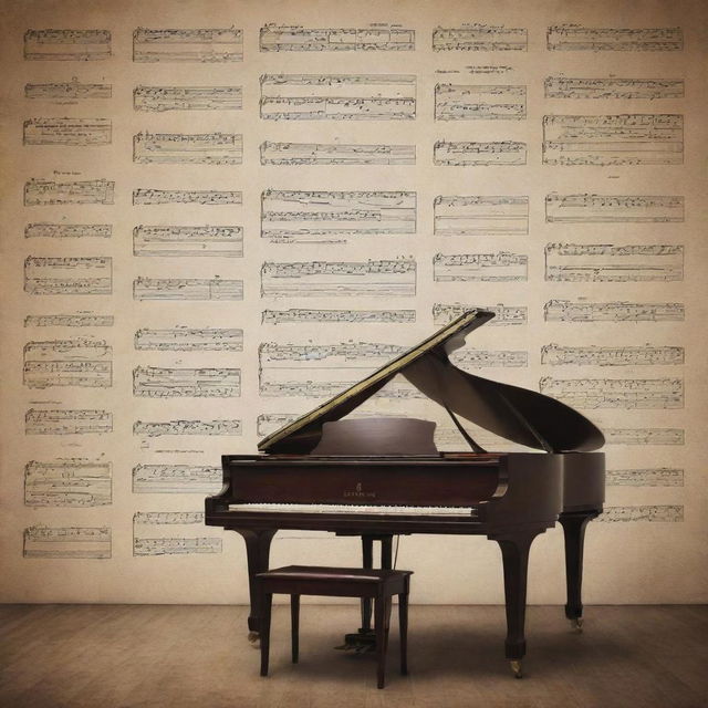 Generate a poster symbolizing the Romantic Period in music. It should include defining characteristics such as intensity of emotion, individualism, and passion. Display elements such as grand pianos, violins, and opera houses.