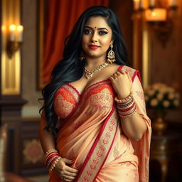 A thick Indian woman confidently posing in traditional Indian lingerie