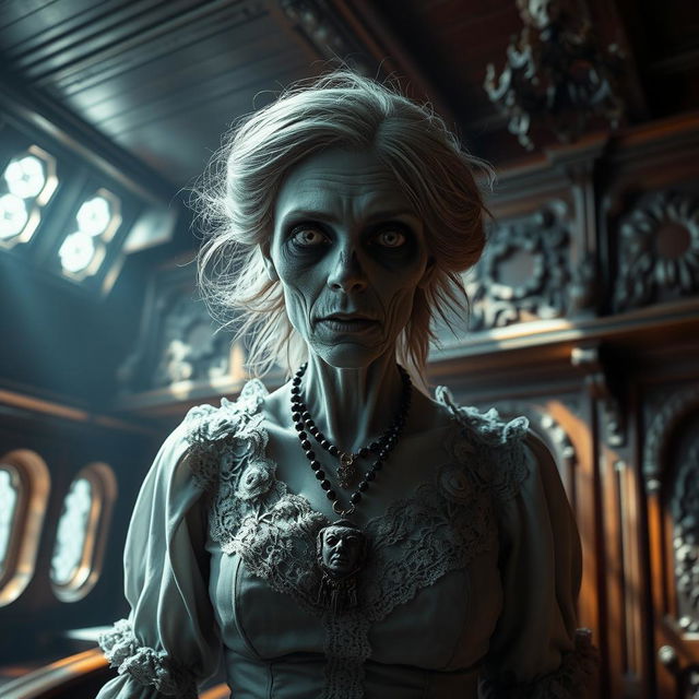 A Victorian-era woman zombie inside an intricately designed ship interior