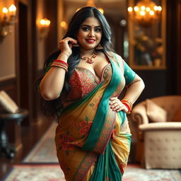 A thick Indian woman confidently posing in traditional Indian lingerie