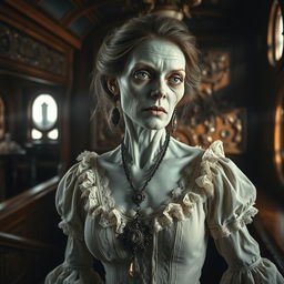 A Victorian-era woman zombie inside an intricately designed ship interior