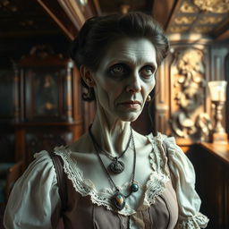 A Victorian-era woman zombie inside an intricately designed ship interior