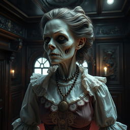 A Victorian-era woman zombie inside an intricately designed ship interior