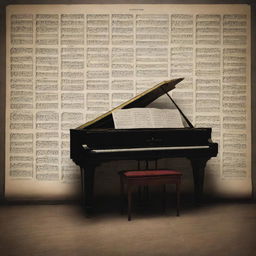 Generate a poster symbolizing the Romantic Period in music. It should include defining characteristics such as intensity of emotion, individualism, and passion. Display elements such as grand pianos, violins, and opera houses.