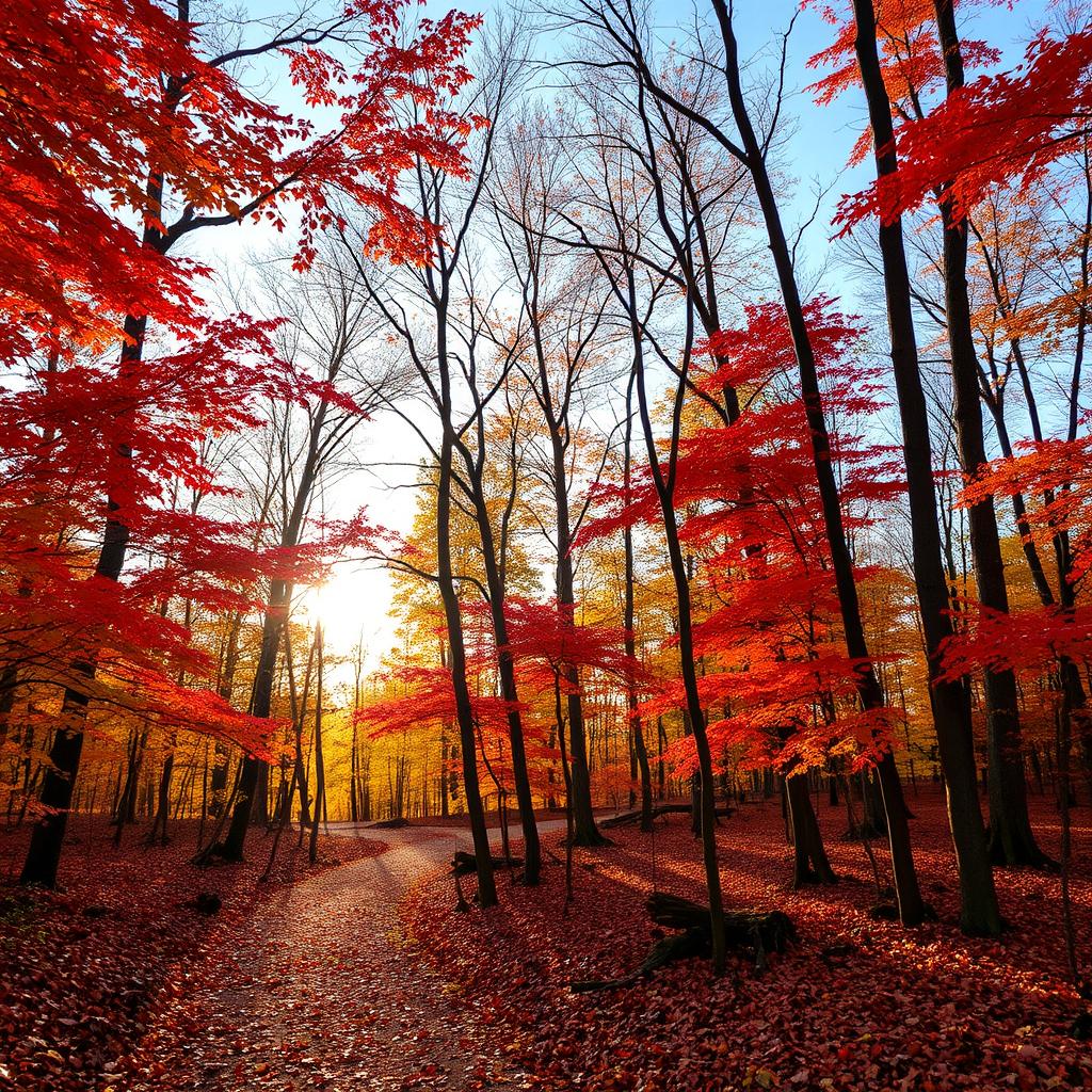 A beautiful forest landscape during the autumn season with trees showcasing vibrant red, orange, and yellow leaves