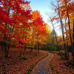 A beautiful forest landscape during the autumn season with trees showcasing vibrant red, orange, and yellow leaves