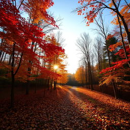 A beautiful forest landscape during the autumn season with trees showcasing vibrant red, orange, and yellow leaves