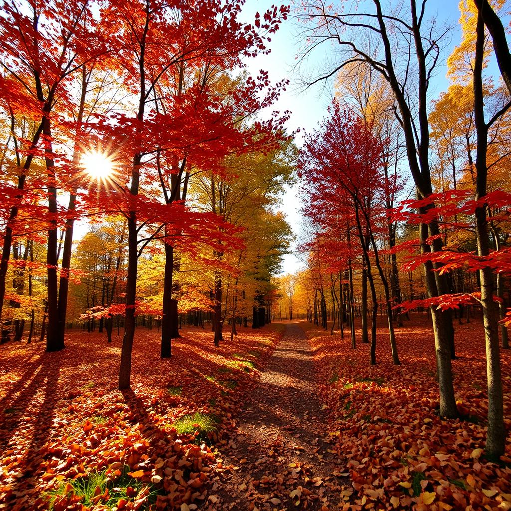 A beautiful forest landscape during the autumn season with trees showcasing vibrant red, orange, and yellow leaves