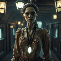 A Victorian woman zombie, standing inside a ship, wearing a glowing necklace with a pendant