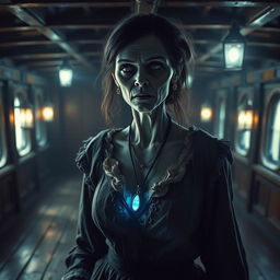 A Victorian woman zombie, standing inside a ship, wearing a glowing necklace with a pendant