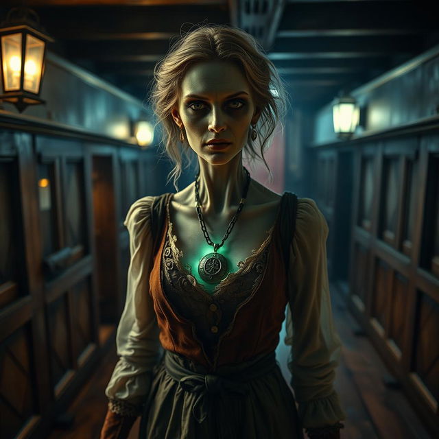 A Victorian woman zombie, standing inside a ship, wearing a glowing necklace with a pendant