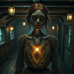 A Victorian woman zombie, standing inside a ship, wearing a glowing necklace with a pendant