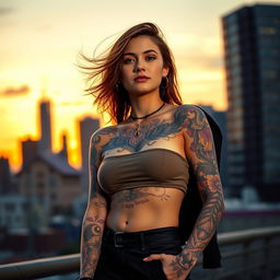 a tattooed girl standing confidently, wearing a stylish outfit, with intricate and colorful tattoos adorning her arms and shoulders, set against an urban cityscape background during sunset, showcasing a mix of modern and artistic vibes, her hair gently blowing in the breeze, her expression calm and contemplative