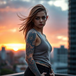 a tattooed girl standing confidently, wearing a stylish outfit, with intricate and colorful tattoos adorning her arms and shoulders, set against an urban cityscape background during sunset, showcasing a mix of modern and artistic vibes, her hair gently blowing in the breeze, her expression calm and contemplative