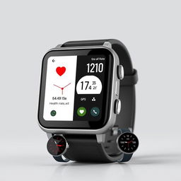 A modern smartwatch designed in the style of a Garmin watch, featuring a sleek digital display with customizable watch faces