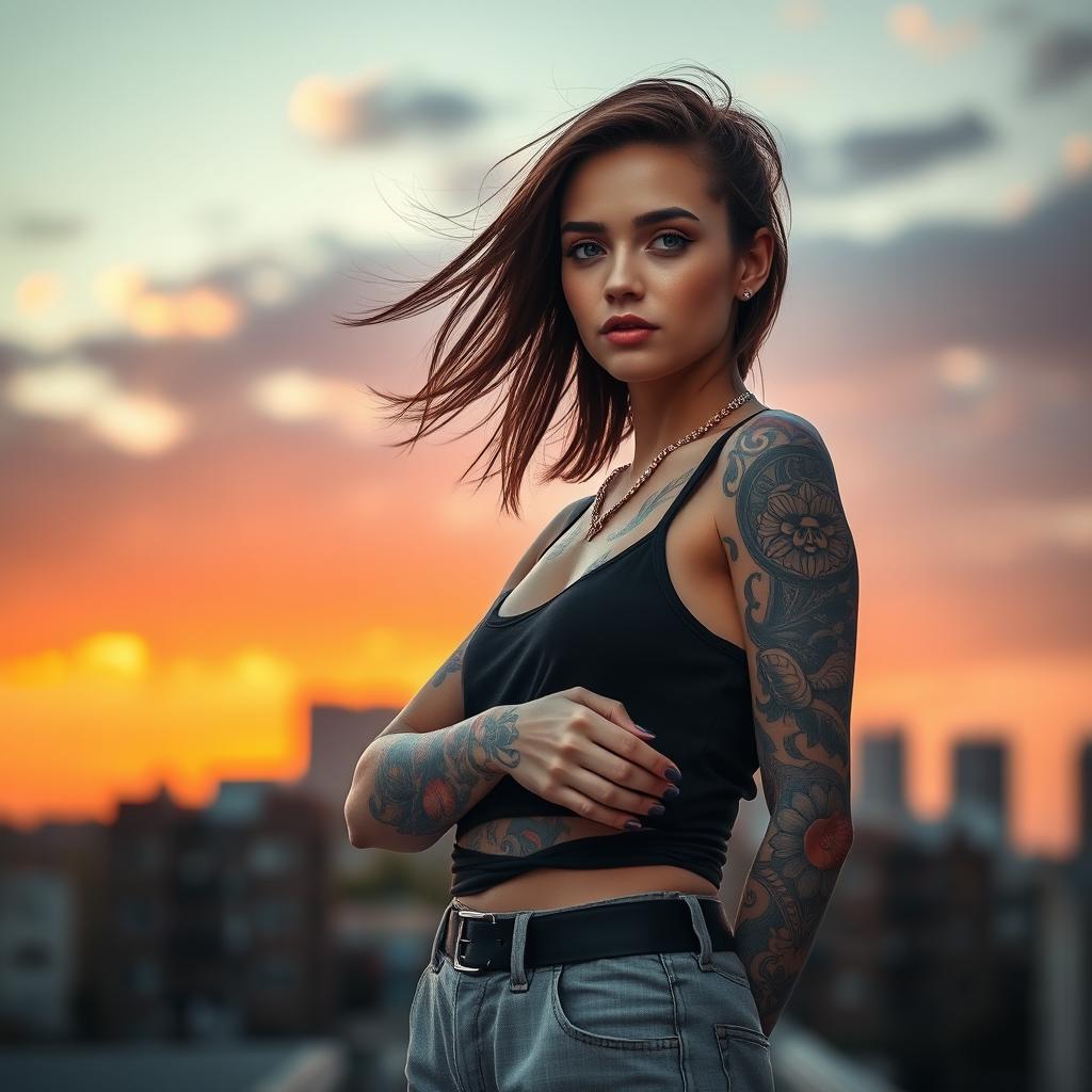 a tattooed girl standing confidently, wearing a stylish outfit, with intricate and colorful tattoos adorning her arms and shoulders, set against an urban cityscape background during sunset, showcasing a mix of modern and artistic vibes, her hair gently blowing in the breeze, her expression calm and contemplative