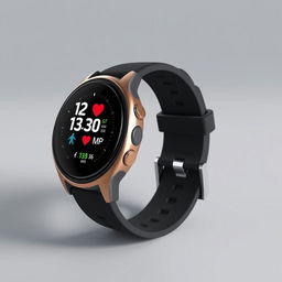 A modern smartwatch designed in the style of a Garmin watch, featuring a sleek digital display with customizable watch faces