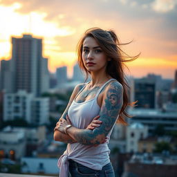 a tattooed girl standing confidently, wearing a stylish outfit, with intricate and colorful tattoos adorning her arms and shoulders, set against an urban cityscape background during sunset, showcasing a mix of modern and artistic vibes, her hair gently blowing in the breeze, her expression calm and contemplative