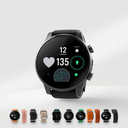 A modern smartwatch designed in the style of a Garmin watch, featuring a sleek digital display with customizable watch faces