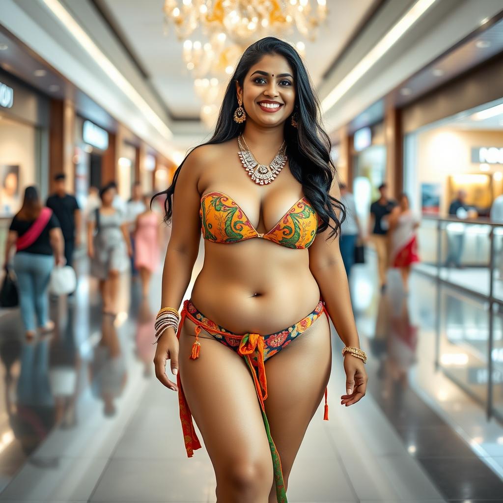 A curvy Tamil Brahmin woman wearing a stylish and vibrant bikini, confidently walking through a modern shopping mall