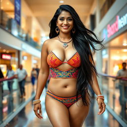 A curvy Tamil Brahmin woman wearing a stylish and vibrant bikini, confidently walking through a modern shopping mall