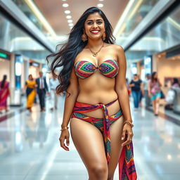 A curvy Tamil Brahmin woman wearing a stylish and vibrant bikini, confidently walking through a modern shopping mall