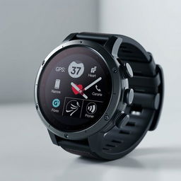 A modern Garmin-style smartwatch displaying various functionalities on its sleek digital interface