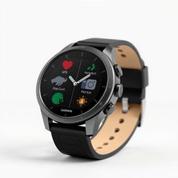 A modern Garmin-style smartwatch displaying various functionalities on its sleek digital interface