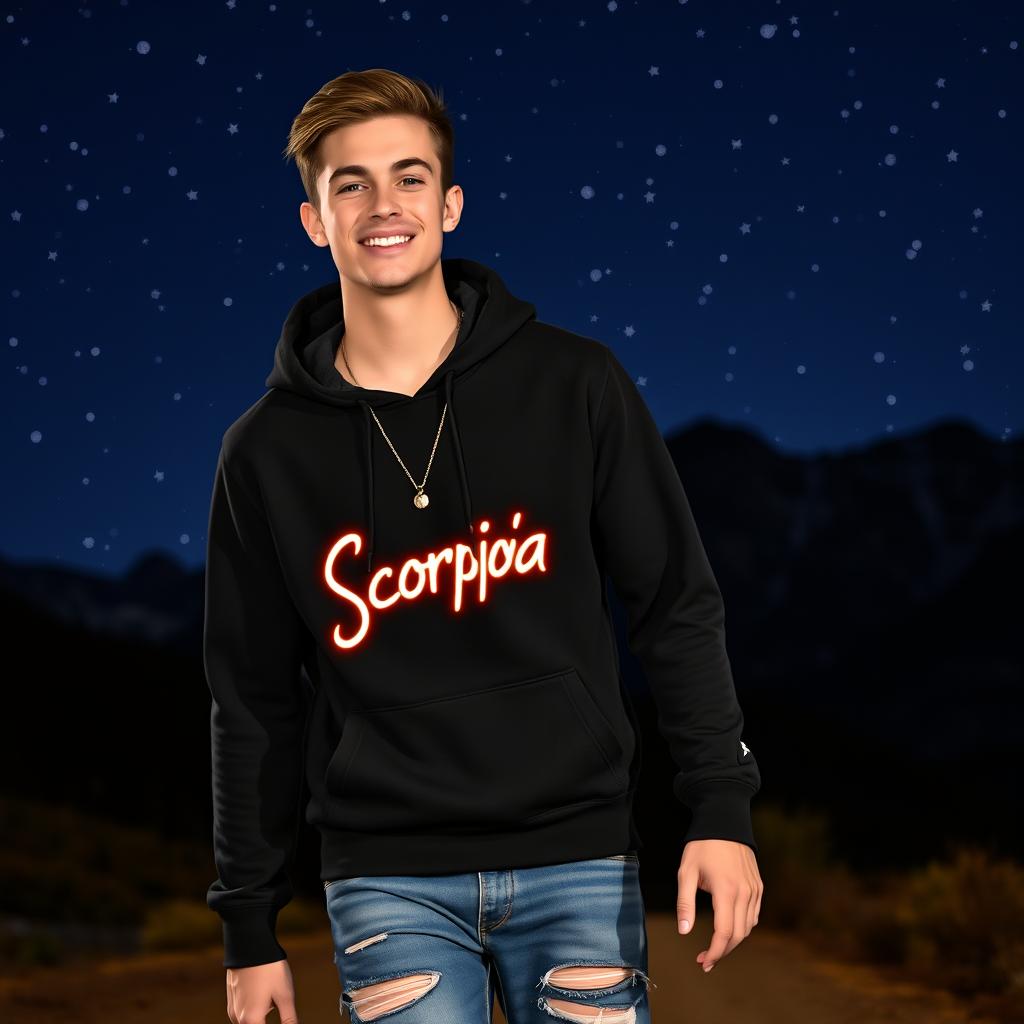 a handsome 20-year-old man walking in a bright starry night, wearing a black hoodie with "Scorpio" glowing on it, ripped jeans, and a necklace