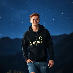 a handsome 20-year-old man walking in a bright starry night, wearing a black hoodie with "Scorpio" glowing on it, ripped jeans, and a necklace