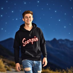 a handsome 20-year-old man walking in a bright starry night, wearing a black hoodie with "Scorpio" glowing on it, ripped jeans, and a necklace