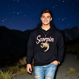 a handsome 20-year-old man walking in a bright starry night, wearing a black hoodie with "Scorpio" glowing on it, ripped jeans, and a necklace