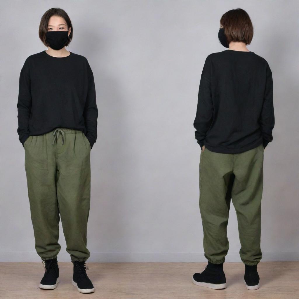 A girl with short wolf cut hair, wearing a black mask, loose long-sleeved black shirt, baggy 'moss green' pants. She has an average weight and is 163 cm tall.