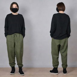 A girl with short wolf cut hair, wearing a black mask, loose long-sleeved black shirt, baggy 'moss green' pants. She has an average weight and is 163 cm tall.