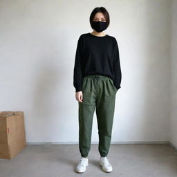 A girl with short wolf cut hair, wearing a black mask, loose long-sleeved black shirt, baggy 'moss green' pants. She has an average weight and is 163 cm tall.