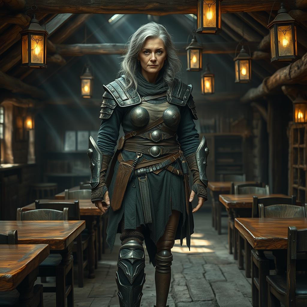 An old warrior woman with grey and black hair stands proudly in an empty fantasy tavern