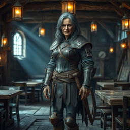 An old warrior woman with grey and black hair stands proudly in an empty fantasy tavern