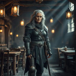 An old warrior woman with grey and black hair stands proudly in an empty fantasy tavern