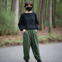 A girl with short wolf cut hair, wearing a black mask, loose long-sleeved black shirt, baggy 'moss green' pants. She has an average weight and is 163 cm tall.