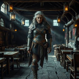 An old warrior woman with grey and black hair stands proudly in an empty fantasy tavern