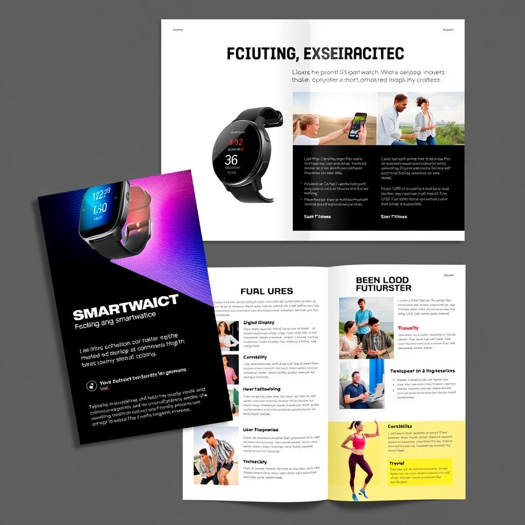 A promotional brochure for a cutting-edge smartwatch, designed with a sleek and modern layout