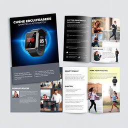 A promotional brochure for a cutting-edge smartwatch, designed with a sleek and modern layout