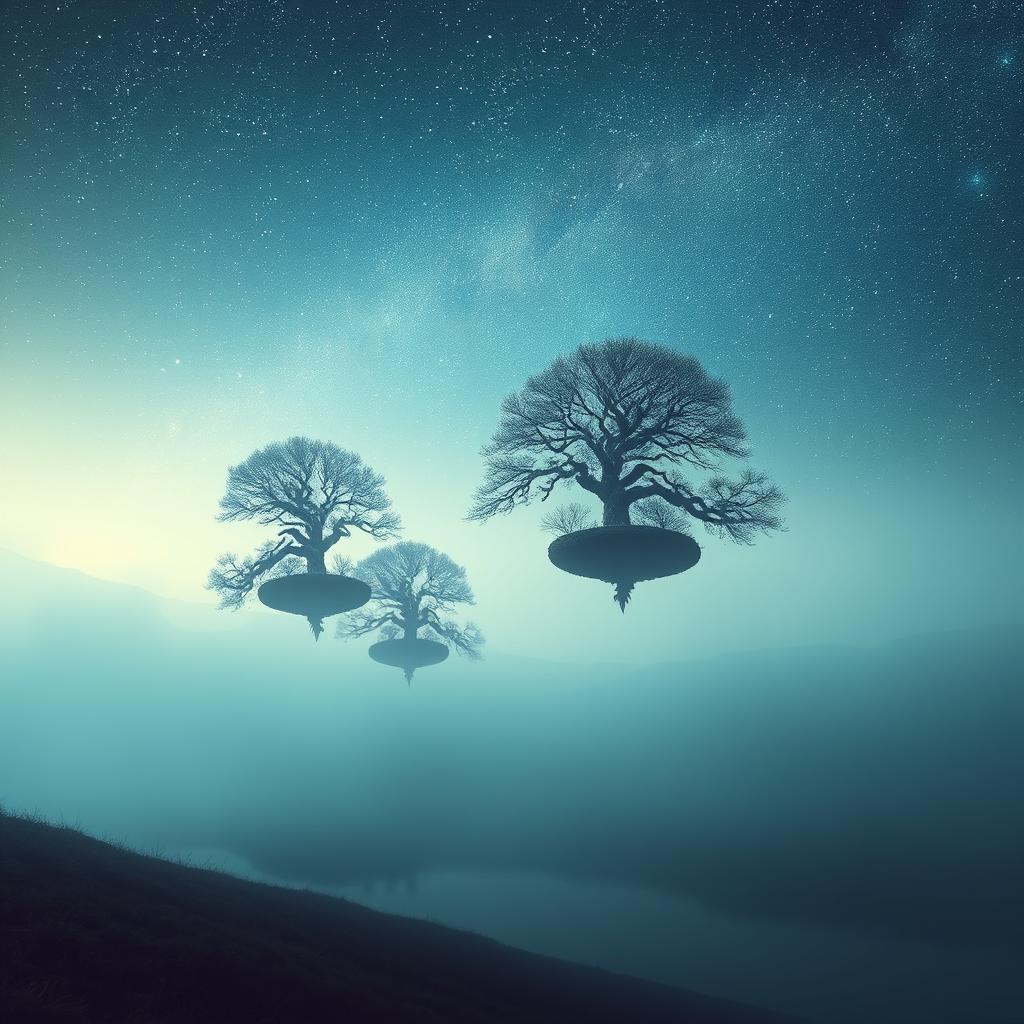 A surreal landscape with floating trees under a sky filled with luminous stars, a shimmering lake reflecting the celestial spectacle, and gentle fog cloaking the horizon